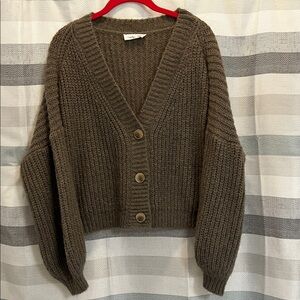 Carly Jean Los Angeles Taupe/Mushroom V-Neck Cable Knit Cardigan Sweater